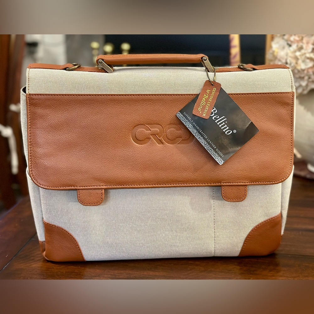 Bellino Russo Leather/Canvas Laptop Briefcase with Shoulder Strap (Company Logo)
